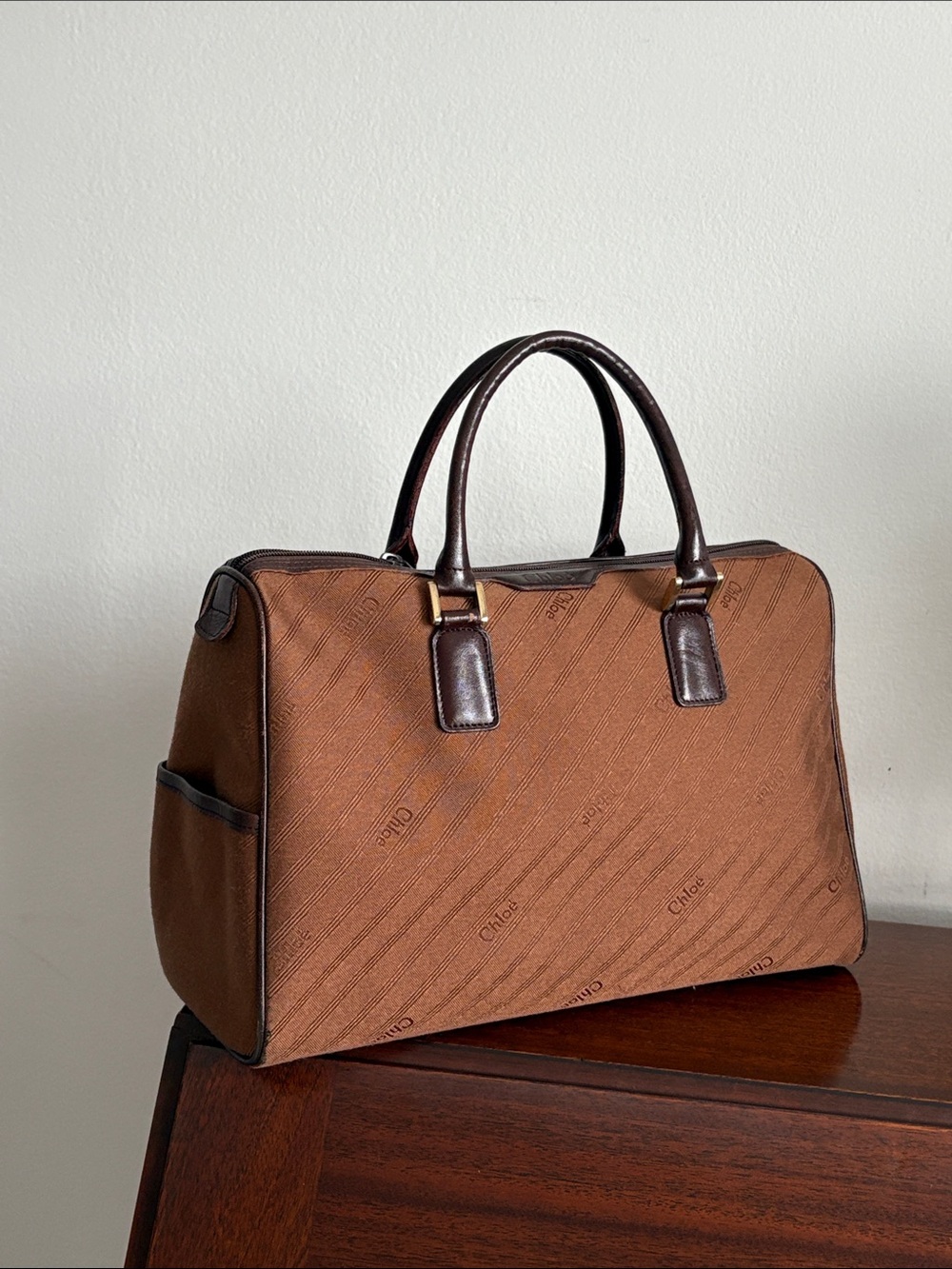 EUC RARE VINTAGE CHLOE BOSTON BAG. LOGO BROWN CLOTH AND LEATHER